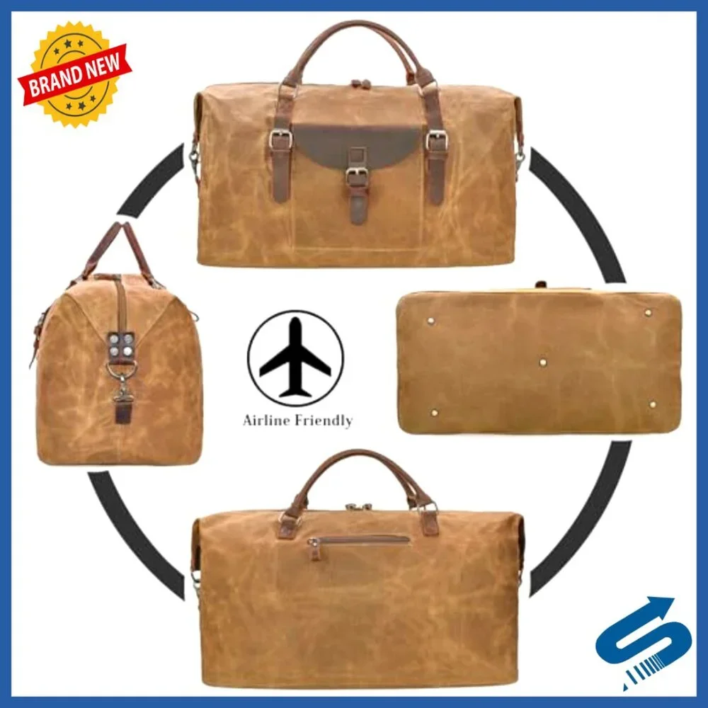 Oversized Travel Duffel Bag Waterproof Canvas Genuine Leather Weekender Carryon
